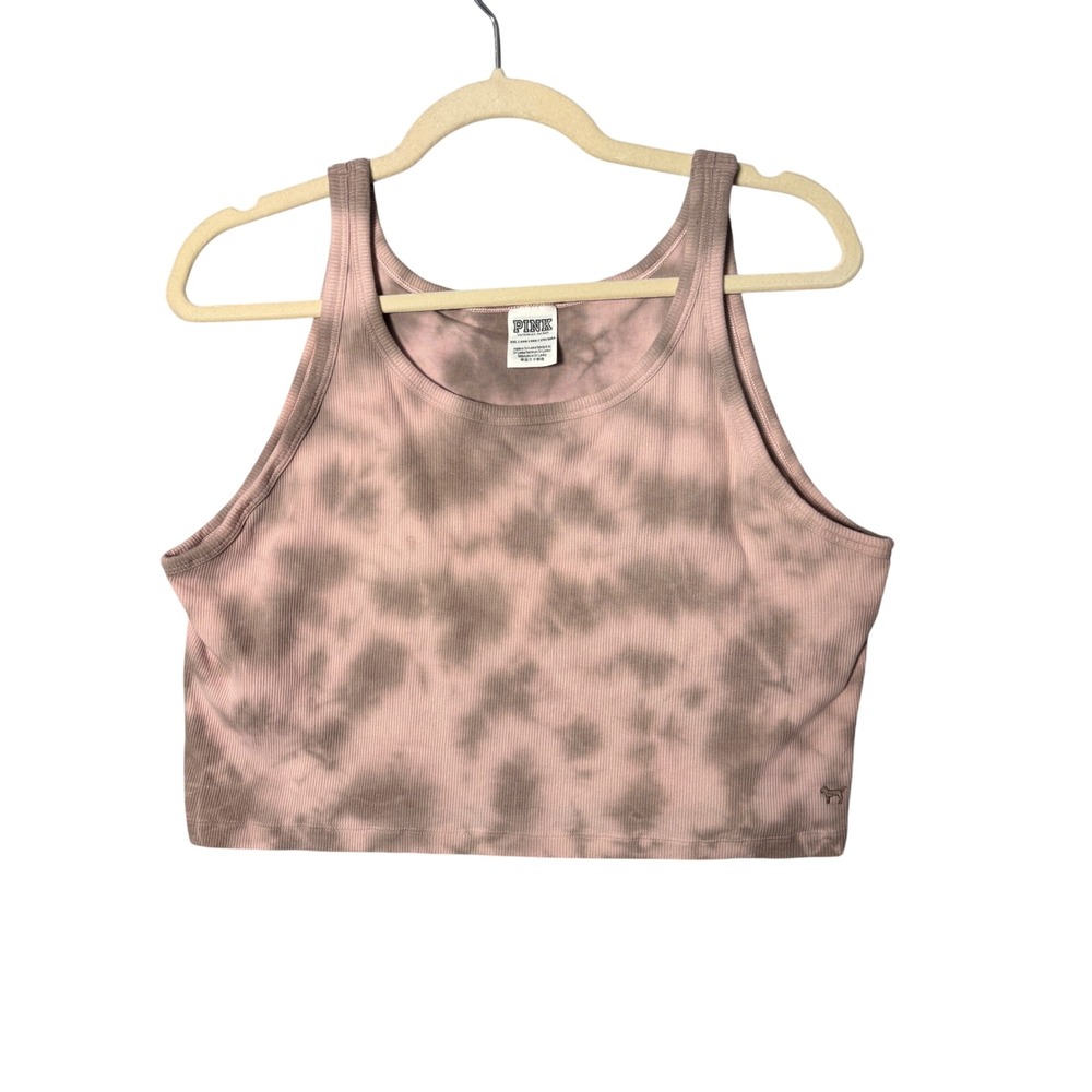 PINK Victorias Secret Tank Top XXL Pink Tie Dye Shelf Bra Ribbed Crop Athleisure